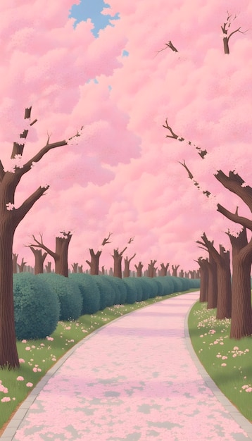 桜の並木の間をまっすぐにのびる小道を描いたイラスト